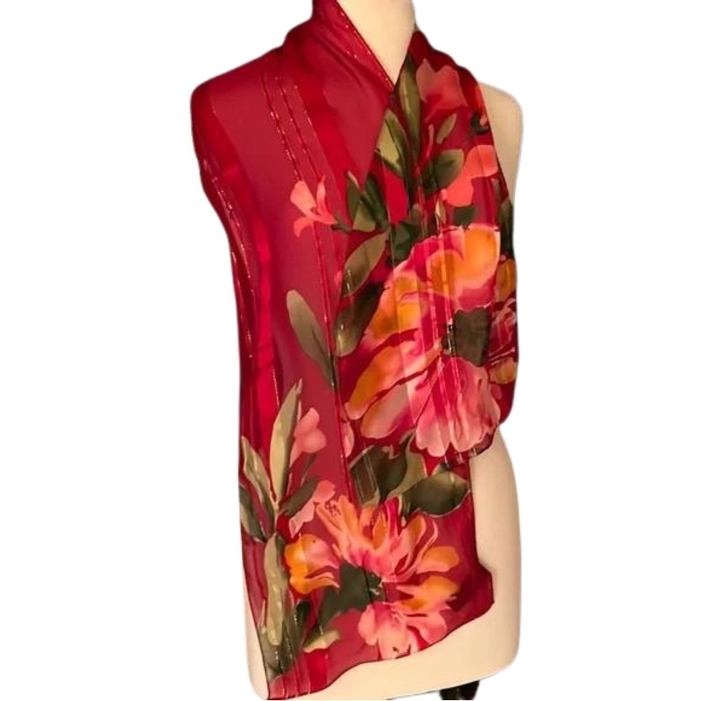 Jones New York Floral Red Silk Chiffon Scarf